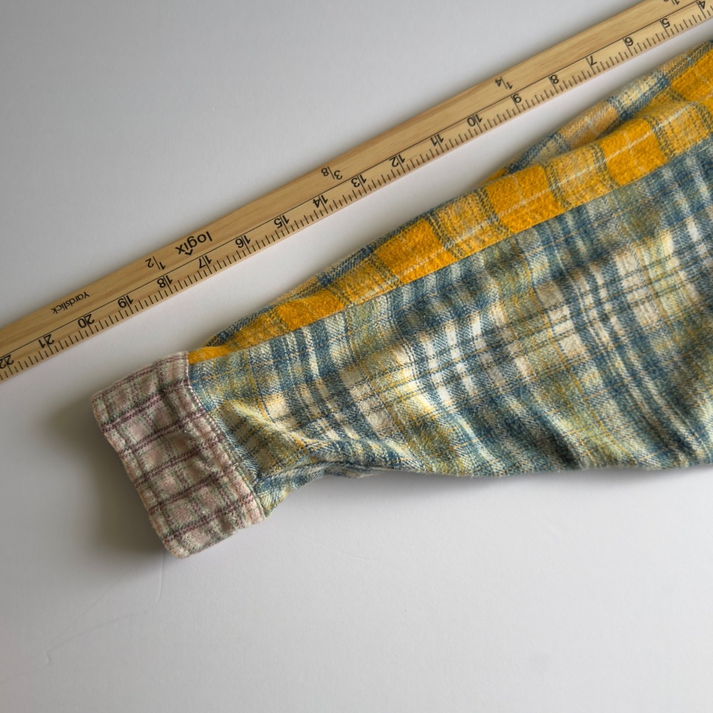 BDG Mixed Plaid Patchwork Oversized Flannel Shirt Womens Medium Yellow Pink Boho - Picture 10 of 12